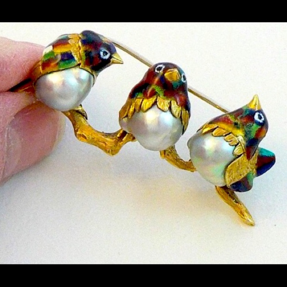 Solid 18kt gold, genuine pearl & enamel, brooch - Picture 1 of 10